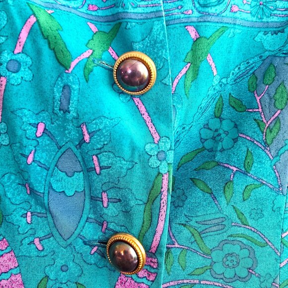 Anne Crimmins Turquoise Floral Silk Blazer & Skirt Set Size 4 Womens HS164 - Picture 5 of 12